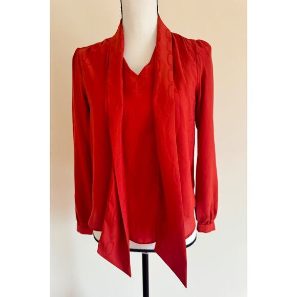Ann Taylor Petite XS Red Chain Pattern Tie Neck Blouse Long Sleeve Work Top